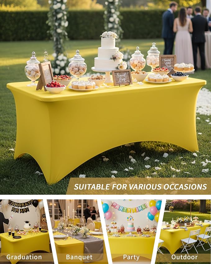 Fixwal Yellow Stretch Table Cloth Rectangle 2 Pack 6Ft, Spandex Fitted Table Covers Washable for Party, Trade Show, Banquet, Wedding, Buffet