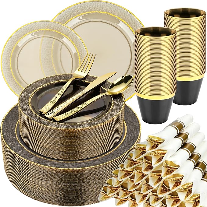 350PCS Clear Black Plastic Plates for 50 Guests, Disposable Dinnerware Set for Party and Graduation, Includes 100 Plastic Plates, 50 Pre Rolled Napkins with Gold Silverware, 50 Cups