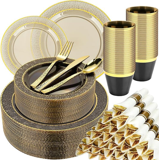 350PCS Clear Black Plastic Plates for 50 Guests, Disposable Dinnerware Set for Party and Graduation, Includes 100 Plastic Plates, 50 Pre Rolled Napkins with Gold Silverware, 50 Cups