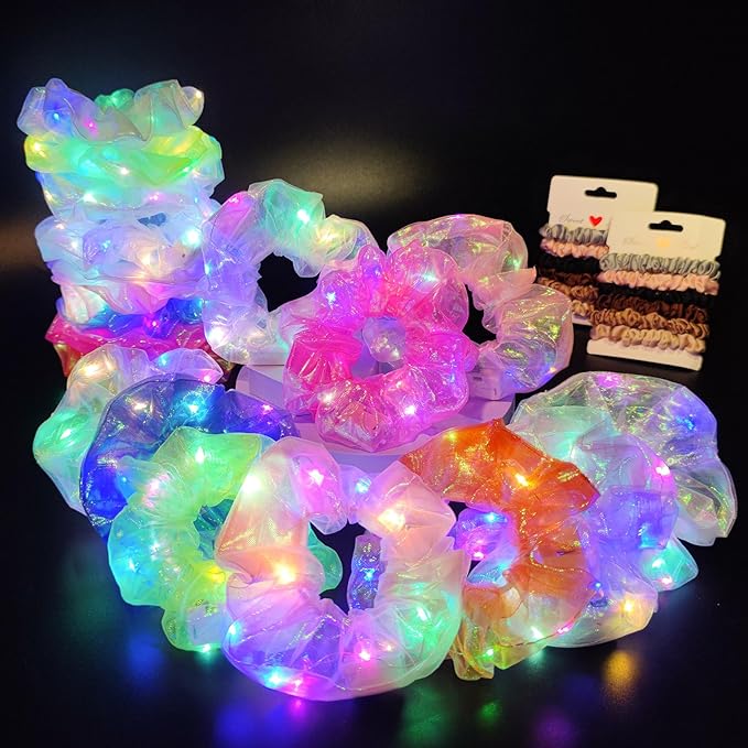 20Pcs Light Up Scrunchies with 12Pcs Satin Hair Ties, LED Hair Scrunchie for Women & Girls, Glow in the Dark Party Supplies Party Favor Festival Rave Accessories for Neon Outfit Glow Party