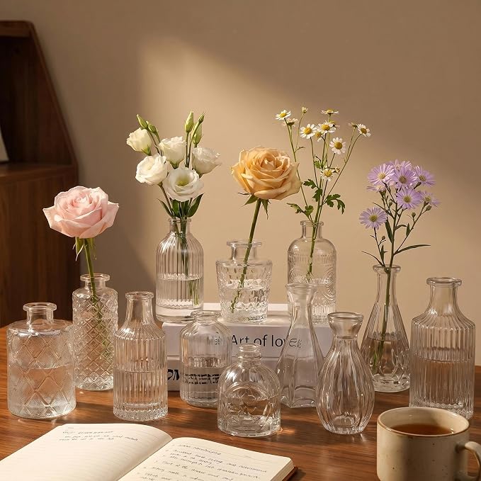 Mini Bud Vases Centerpieces for Tables,Clear Bud Vases for Flowers,Small Flower Vases Suitable for Birthday Party,Anniversary,Wedding Reception,Baby Shower (Clear, 12PCS)