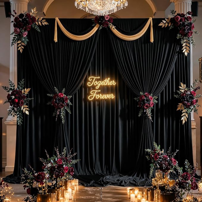 30ftx12ft Wrinkle Free Black Backdrop Curtain, 6 Panels 12FT Long Wedding Photo Backdrop Drapes, Silky Polyester Back Drop Cloth for Birthday Photography Background Party Backdrop Draping