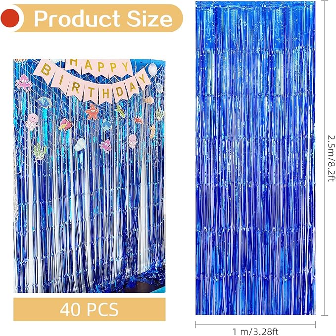40 Pack Navy Foil Curtain Backdrop Metallic Tinsel Foil Fringe Curtains Photo Booth Props for Birthday Party Decoration Christmas Holiday Halloween New Year Party Supply, Navy