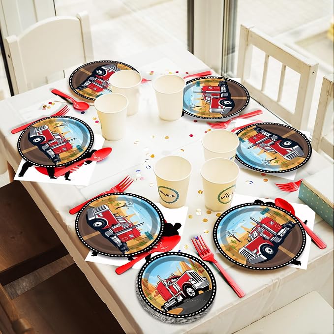 gisgfim 50 Guests Semi Truck Party Decorations Semi Truck Plates and Napkins Party Decoration For Birthday Party Plates Tableware Set Tractor Trailer Theme Party Paper Plates Napkins Forks 200 PCS