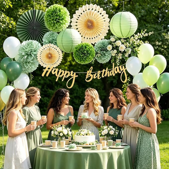 SUNBEAUTY Sage Green Birthday Decorations for Women Green Tissue Pom Poms Paper Lanterns Party Decorations Happy Birthday Banner Sage Green Paper Fans for Spring Garden Party Wedding Bridal Shower