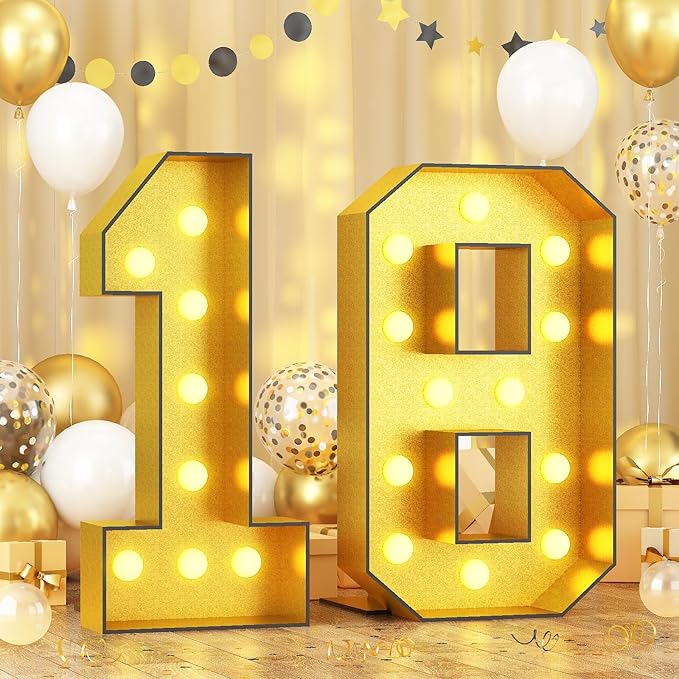 Light Up Numbers 18, 4FT Light Up Numbers 18 Marquee Gold Large Light Up Numbers Mosaic Numbers for 18th 81st Birthday, Giant Light Up Number 4 Feet DIY Frame Pre-Cut Foam Board Kit for Anniversary