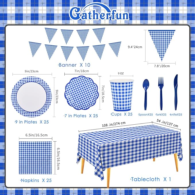 Gatherfun Gingham Blue and White Party Supplies Disposable Paper Plates Napkins Cups Knives Spoons Forks Tablecloth Banner for Birthday Party Family Dinner Picnic Barbecue Father's Day Party, Serve 25