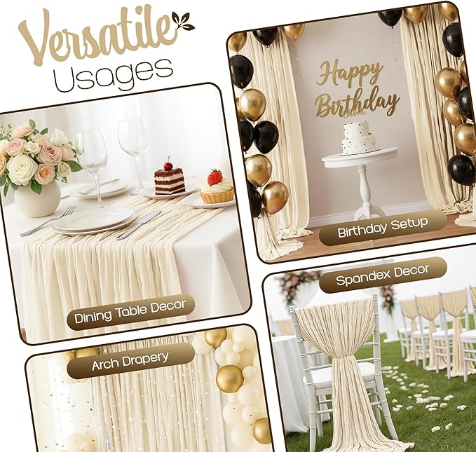 12 Pack Beige Cheesecloth Table Runners 10FT Long – 35 x 120 Inch Boho Gauze Table Runners for Engagement, Wedding, Baby Shower & Home Decor – Soft Wrinkled Polyester Fabric