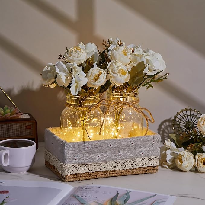 4 Sets Mason Jar with Lights White Faux Peony Decorative White Centerpieces for Tables Mason Jars Flowers Decorations LED Farmhouse Vase for Home Wedding Event Party Decor