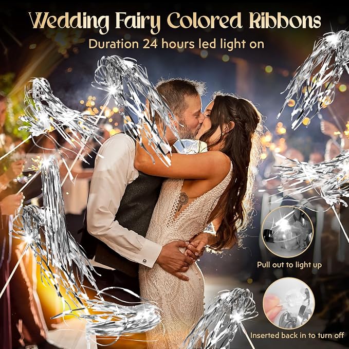 100 pcs Wedding Wands Light up with LED Tinsel Wedding Streamers for Wedding Send off and Greeting Ideal Props for Weddings, Birthday Parties, Christmas Cheerleading Games (Silver)