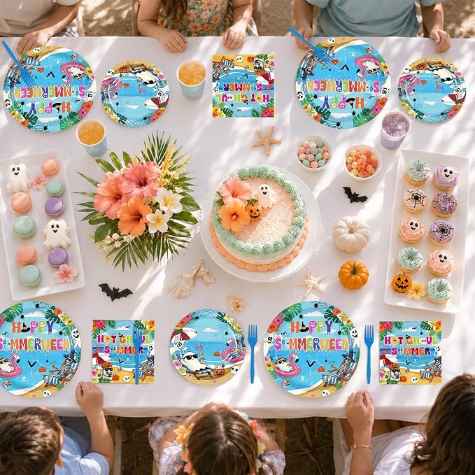 96Pcs Summer Halloween Party Decorations Halloween in Summer Plates and Napkins Tableware Set Spooky Tropical Beach Pool Decorations for Hallows' Eve Hawaii Birthday Supplies Serves 24