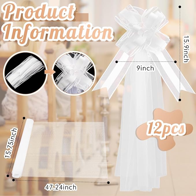 12 Set Large Wedding Pew Bows with Long Tulle Tails Church Chair Aisle Decorations Wedding Car Decoration Big Bows for Bridal Shower Reception Birthday Anniversary (White)