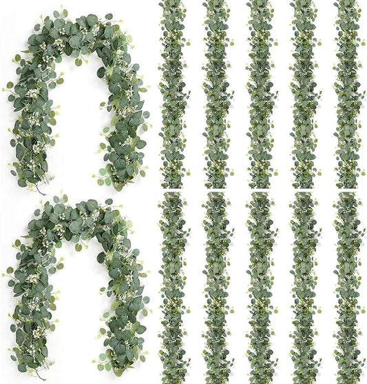 12 Pack Artificial Eucalyptus Garland 6.2 Long Faux Silk Leaf Eucalyptus Leaves Vines Greenery Garland with White Flower All Season for Wedding Arch Indoor Outdoor Wall Decoration