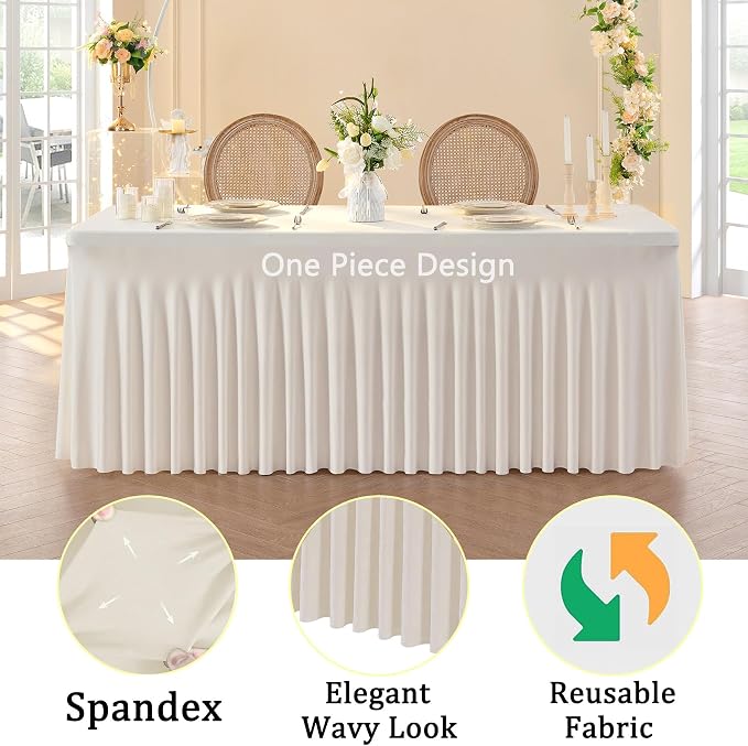 2 Pack Spandex Ivory Table Clothes for 6 Foot Rectangle Tables, 6FT Stretchy Tablecloths Fitted Table Cover Desk Skirt for Parties Weddings Birthday Banquet Baby Shower