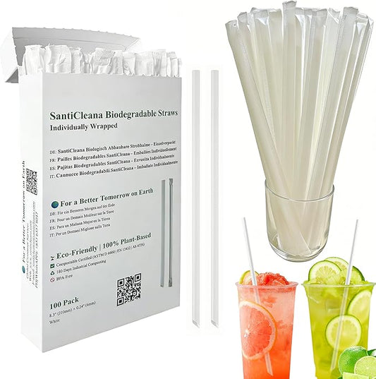 SantiCleana 100 Pack Biodegradable Straws, Individually Wrapped, 8.3", 14℉-185℉, Plant-Based, Straight, White, Compostable, BPA-Free