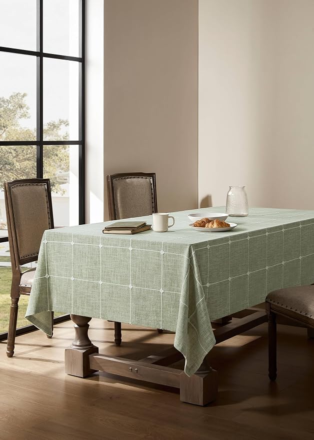 ZeeMart Grid Embroidered Hemmed Tablecloths, Green 60x104 Inch, Farmhouse Style Heavy Weight Cotton Linen Sage Green Tablecloths, Boho Plaid Water Resistant Rectangle Table Cloth