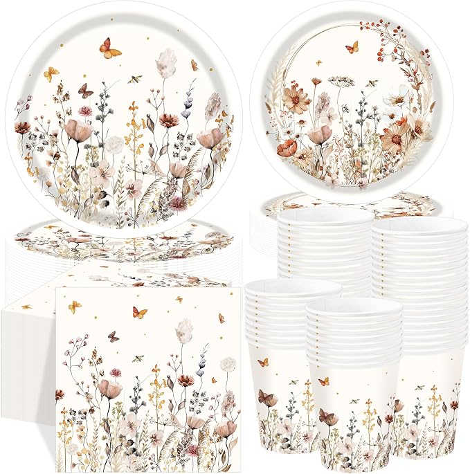 Ziliny 250 Pcs Wildflower Party Decorations Include Boho Autumn Fall Floral Paper Plates Napkins and Cups for Wildflower Baby Shower Tea Decorations, Serve 50 Guest