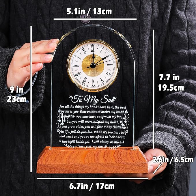Arikyrist Meaningful Glass Clock Gifts for Son from Mom Dad Graduation with Wooden Light Base I Love You Personalised Glass Plaque Presents for Best Son Birthday Keepsakes for Him Table Decor