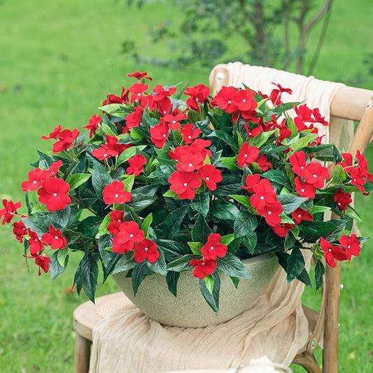 Uqueeten15.7” Fake Flowers Artificial Flowers for Outdoor,Silk Artificial Impatiens Bouquet Flowers for Outdoors，Spring Flowers Flores Artificiales para Decoracion Indoor Decor 8PCS(Red)