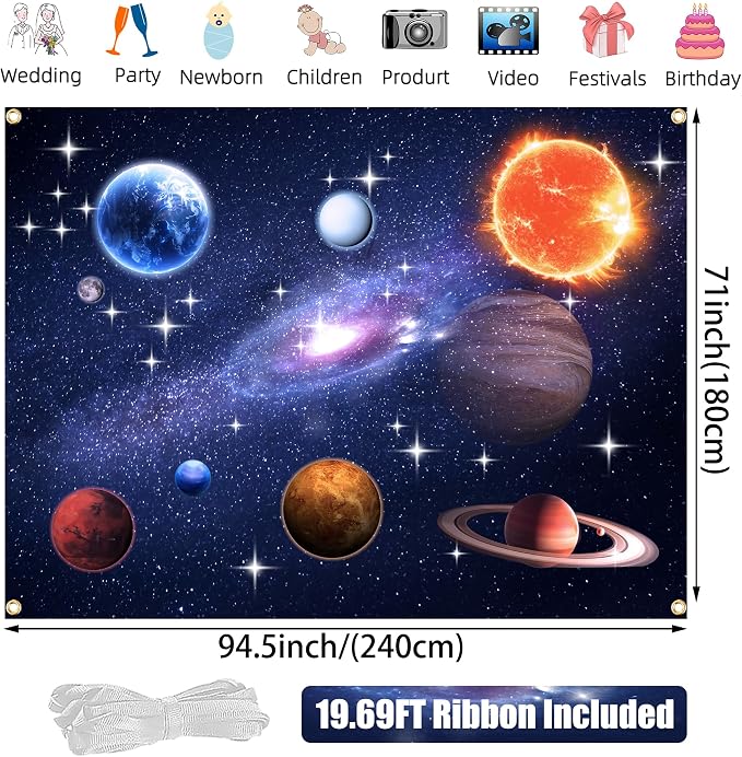 8x6FT Space Backdrop for Galaxy Theme Party – Large Starry Universe Backdrop with Brass Grommets, Double Stitched Edges & Ribbon for Photo Booth, Wall Decor & Kids Birthday Photography