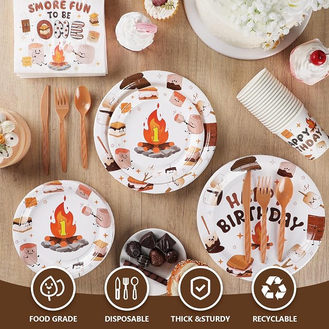Yungyan 252 Pcs S'mores Camping Birthday Party Tableware Set Included Plates Napkins Cups Forks Knives Cutlery for Party Decorations Supplies 36 Guests