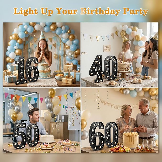 12.6 Inch LED Black Marquee Light Up Numbers, 13th Birthday Decorations Number Lights as Gifts for Girls Boys, Glitter Lighted Marquee Numbers for Black Anniversary Party Table Decor, 13