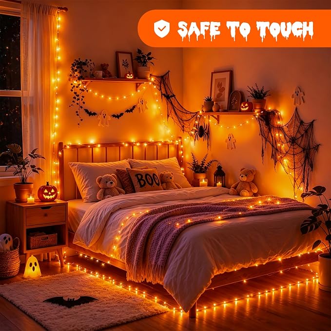 YEGUO Fairy Lights Battery Operated, 8 Packs Each 16ft 50 LED String Lights, 2 Modes Silver Wire Christmas Twinkle Light Indoor for Halloween Bedroom Wedding Party Holiday Gift(Orange)