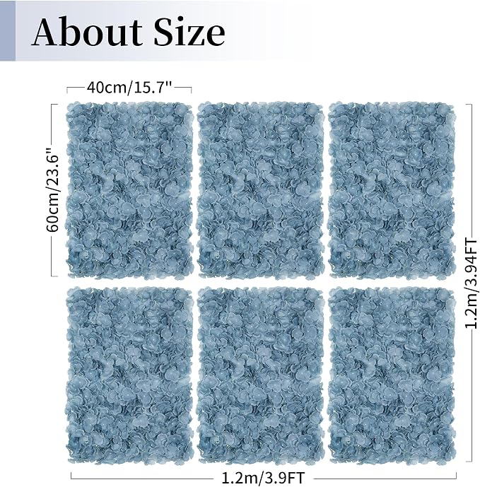 BLOSMON Flower Wall Panel Backdrop - 6 Pcs 24 x 16 Inch Dusty Blue Artificial Hydrangea Floral Backdrop for Wedding Party Baby Bridal Shower Decor, Hanging Fake Silk Hydrangea Wall DIY Decoration