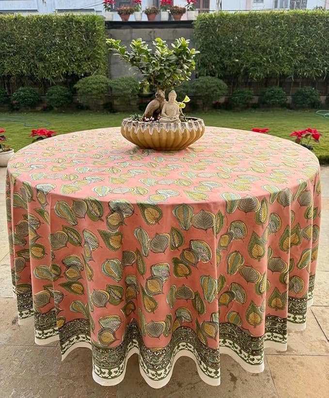 Ridhi Round Tablecloth Hand Block Print 100% Cotton Reusable Salmon Pink 60 Inch Table Cover Decorative Everyday Use for Dining, Home, Party, Wedding, Farmhouse, Party Gift for Spring, Mother's Day