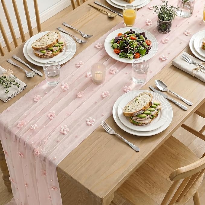 Artoid Mode Pink Flower Pearl Pink Gauze Table Runner 10FT, Seasonal Sheer Dining Holiday Wedding Birthday Baby Shower Table Decor for Home Party