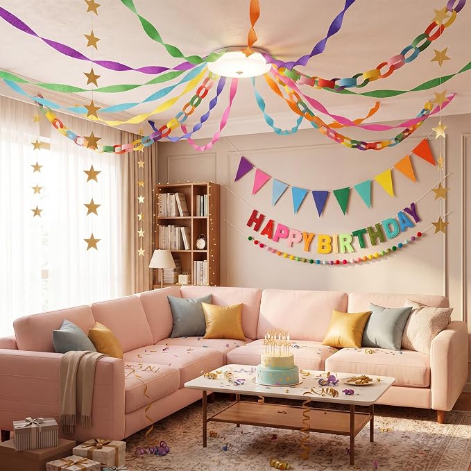 Mifoci 313 Pcs Happy Birthday Decorations Kit 300 Sheets Paper Chains Strips Birthday Felt Banner 492 ft Crepe Paper Streamers 52.4ft Star Garlands for Party Supplies DIY Crafts(Dopamine Colors)