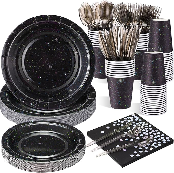 Hushee 175 Pcs 25 Guests Black Paper Party Plates and Cups Napkins Sets Holographic Glitter Disposable Dinnerware Plastic Forks Knives Spoons Birthday Bachelorette Wedding Party Supplies