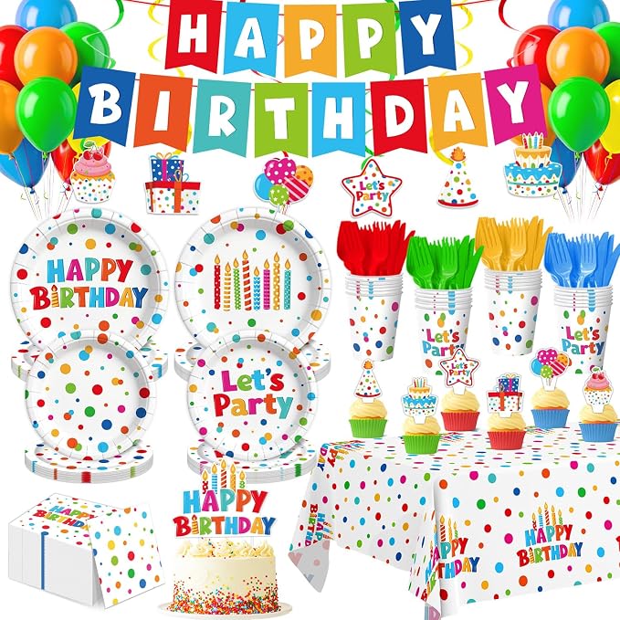 195 Pcs Birthday Party Supplies (Serves 24), Happy Birthday Party Dots Design Decorations Include Banner Hanging Plates Napkins Cups Forks Knifes Tablecloth Topper Balloons for Decorations