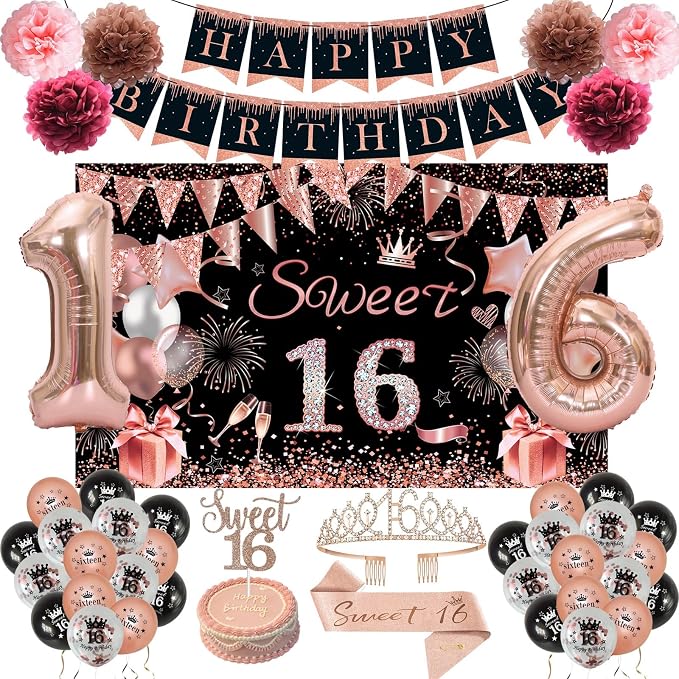 Sweet 16 Party Decorations, Happy 16th Birthday Decorations for Girls, Black Rose Gold Sweet Sixteen Decor Include Sash and Crown, Balloons, Banner, Backdrop, Cake Topper & 6pcs Paper Pom Poms