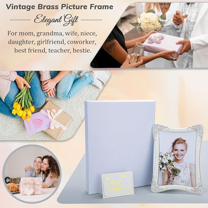 4x6 Vintage Metal Picture Frame Silver Border Floral Photo Frame, Clear HD Glass Front, Tabletop or Wall Art Display, Wedding Mothers Day Gifts for Mom Women, Horizontally & Vertically