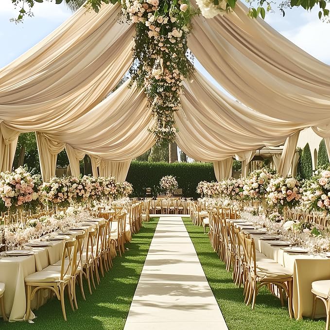 10ft x 20ft Beige Ceiling Drapes for Wedding Parties, Wrinkle Free Thick Polyester 2 Panels 20ft Extra Long Wedding Draping Beige Ceiling Curtains Arch Drapery for Birthday Party Canopy Tent Decor