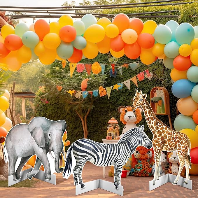 Amyhill 3 Pcs Jungle Safari Animal Cardboard Cutout Standup Life Size Safari Birthday Party Decorations Elephant Giraffe Zebra Cardboard Cutouts for Baby Shower Birthday Party Photo Backdrop Favors