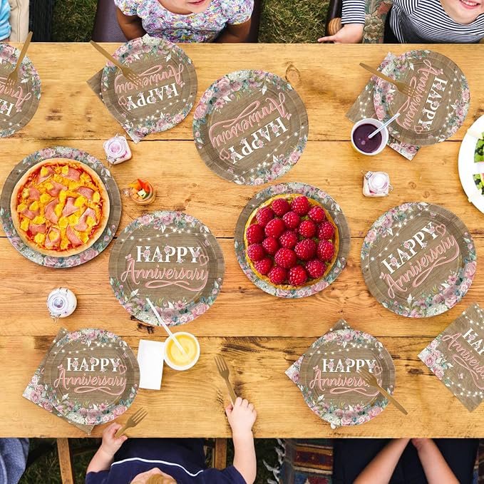 96Pcs Happy Anniversary Party Decorations Rustic Pink Floral Happy Anniversary Plates and Napkins Wooden Cheers to Marriage Decoration for 40th 50th Wedding Commemoration Day Party Supplies Serves 24