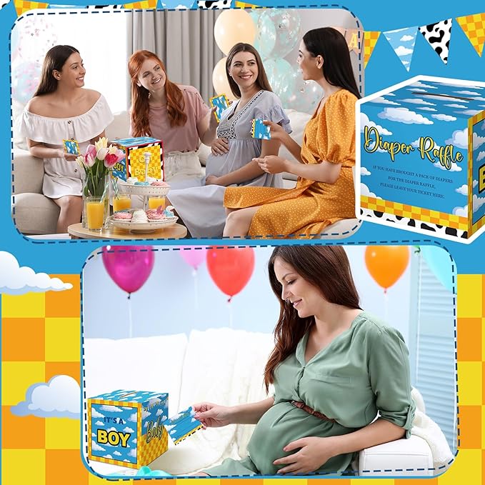Teling 51 Pieces Diaper Raffle Tickets with Card Box Baby Shower Decorations Gender Reveal Holder Box for Girl Boy Diaper Raffle Party (Cartoon)