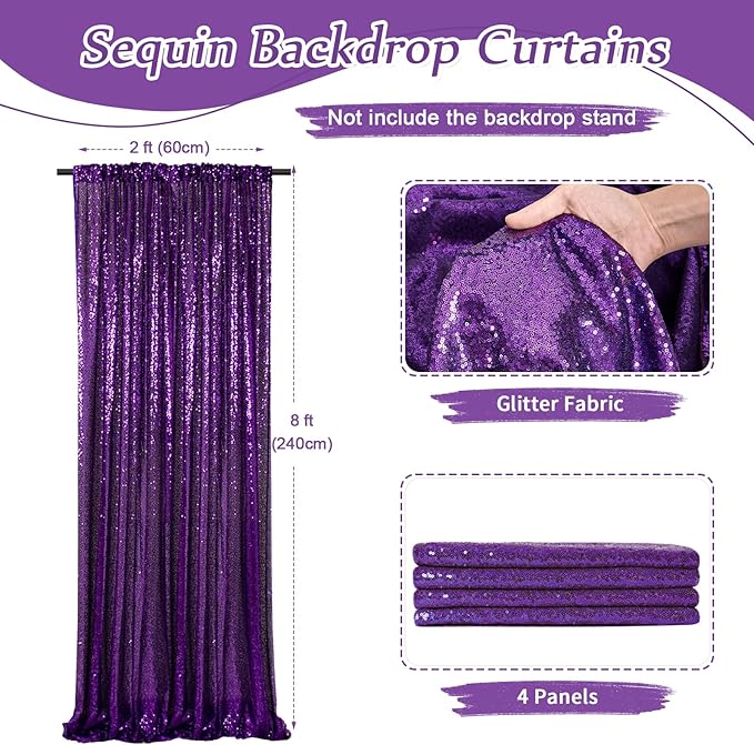 Purple Sequin Backdrop Curtain 4 Pcs 2ftx8ft Sparkly Glitter Wedding Party Photography Background Drapes for Birthday Prom Decoration Christmas Party Decoration