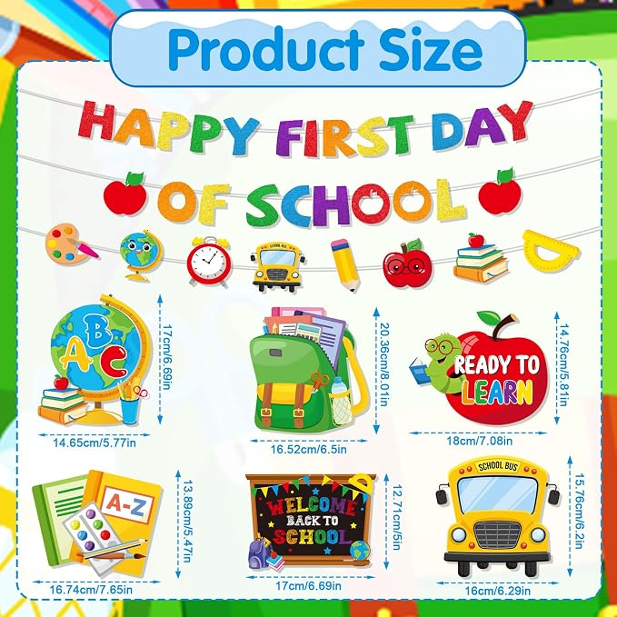Welcome Back to School Decorations - 15PCS Happy First Day of School Party Banner Hanging Swirls Paper Pompoms, Welcome First Day of Classroom Party Decor Supplies