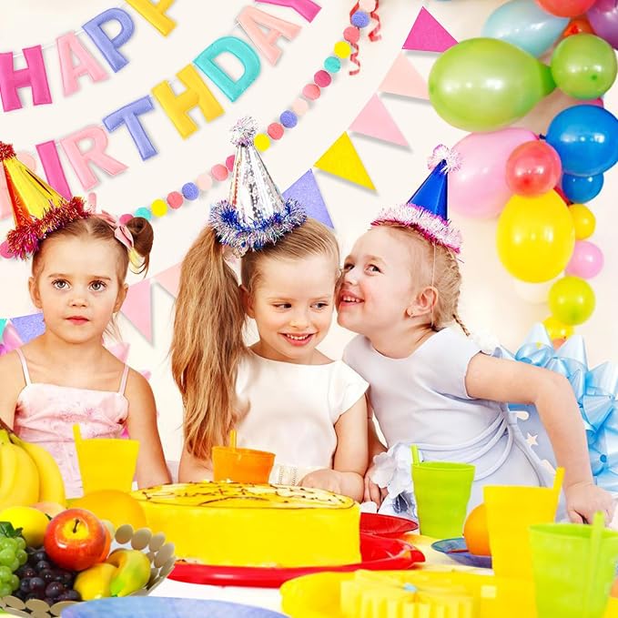 CANREVEL Pre-Strung 3D Happy Birthday Banner, 3 PCS Happy Birthday Felt Garland, Pom Pom Garland, Triangle Fabric Garland Bunting, Reusable Birthday Decorations for Women Men Girls Boys, Pastel Candy