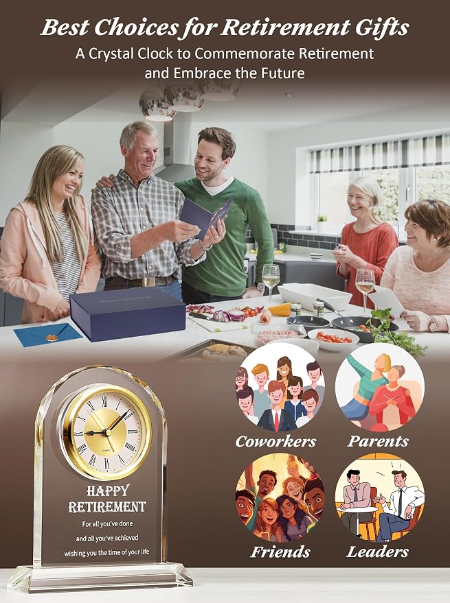 Crystal Retirement Alarm Clock Gifts for Men Women, Happy Retirement Plaque for Coworkers, Boss, Going Away Gift for Retired Friends, Farewell Goodbye Presents for Doctors Nurses Teacher