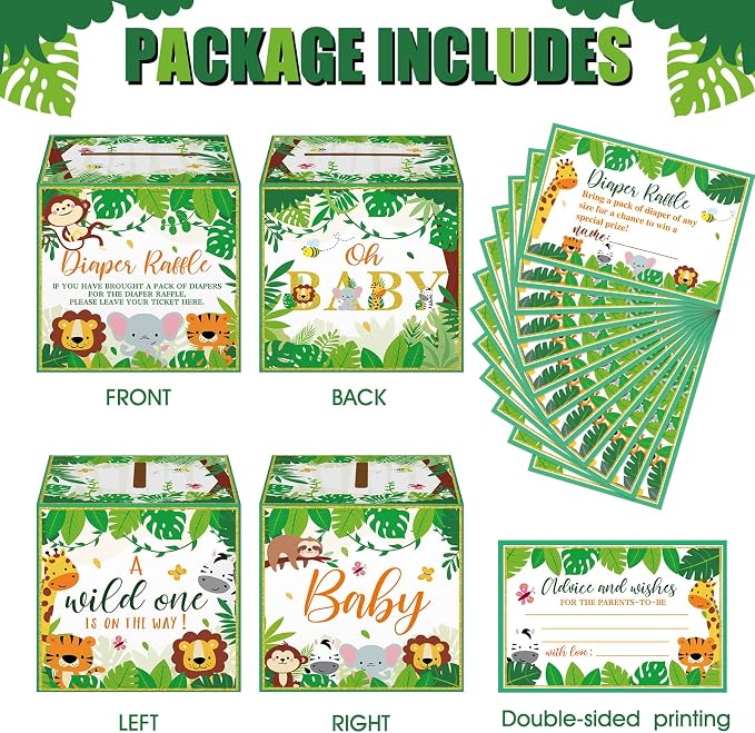 Teling 51 Pieces Diaper Raffle Tickets with Card Box Baby Shower Decorations Baby Shower Holder Box for Girl Boy Diaper Raffle Party(Jungle Animal)