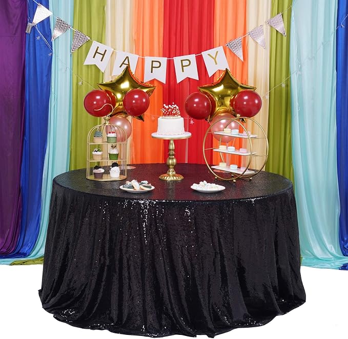 132 Inch Round Black Sequin Tablecloth, Metallic Large Glitter Sparkle Table Cloth for Dining Banquet Table, Sequin Table Linen for Wedding Graduation Party Decorations