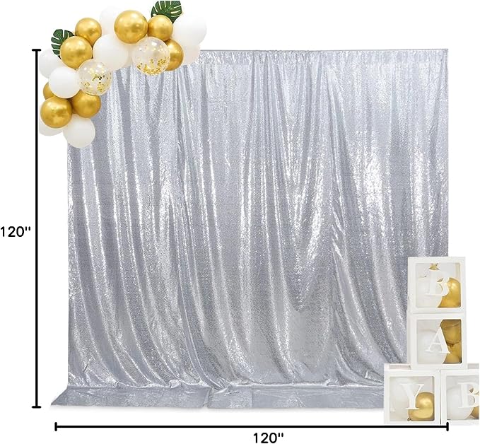 SquarePie 10x10ft Silver Sequin Backdrop for Photography, Satin-Backed Real Sequin Curtain, Enhanced Coverage Shimmering Background with 4" Rod Pocket for Wedding, Birthday, Party Decor, 1 Panel