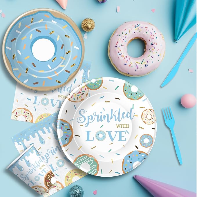 Donut Baby Sprinkle Decorations Boy, Blue Sprinkled with Love Theme Donut Baby Shower Party Supplies, Disposable Paper Plates, Cups, Napkins, Banner, Swirls, Cutlery, Tablecloth, Serves 24
