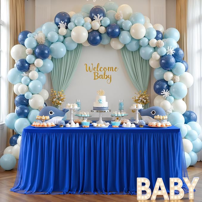 Suppromo Royal Blue Tulle Tablecloth for 4 Foot Rectangular Tables, 48 x 24 Inch White Rectangle Table Cloth, Wrinkle Free Table Cover with Tutu Skirt for Wedding Birthday Party Banquet Tablecover