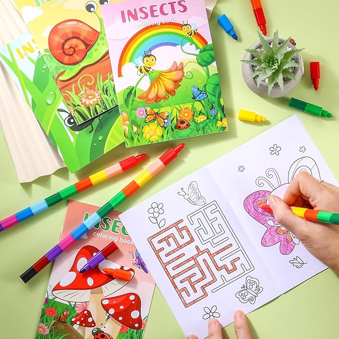 BenLouis 24 Insects Mini Coloring Books Kids with 24 Stacking Crayons Spring Bugs Party Favors Activity Books Bulk for Kids Butterfly Bee Goodie Bag Gift Stuffer Classroom Reward