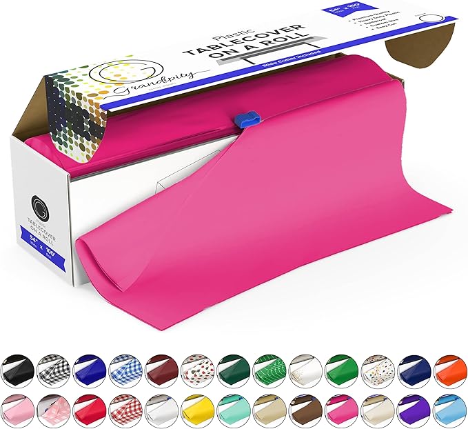 Grandipity Plastic Tablecloth Roll - 54in x 100 Ft. Hot Pink Plastic Table Cloths for Parties Disposable with Cutter Box - Cut to Size Disposable Tablecloth Table Cover for Rectangle & Round